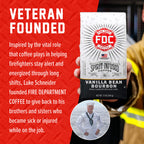 Vanilla Bean Bourbon Infused Coffee packaging beside the Fire Department Coffee founder story