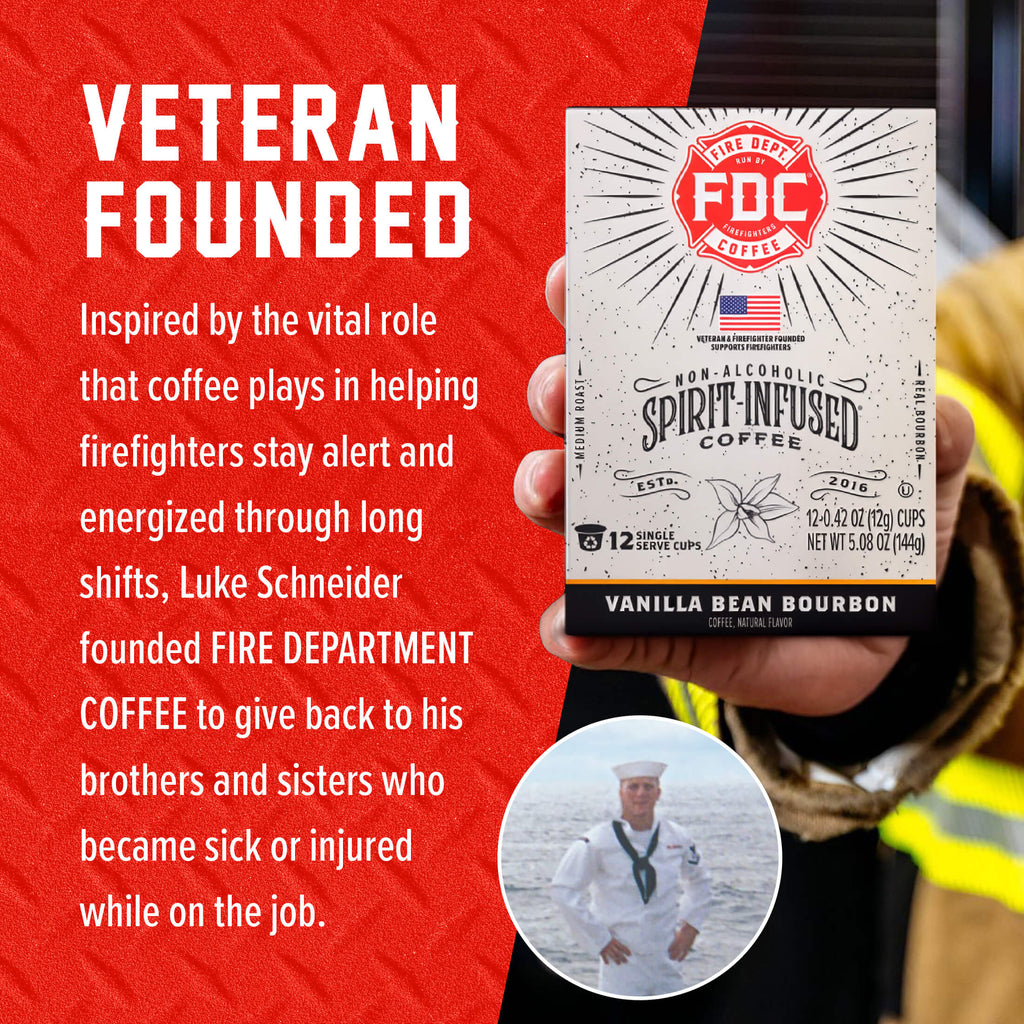Vanilla Bean Bourbon Infused Coffee Pods box beside the Fire Department Coffee founder story