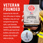 Vanilla Bean Bourbon Infused Coffee Pods box beside the Fire Department Coffee founder story