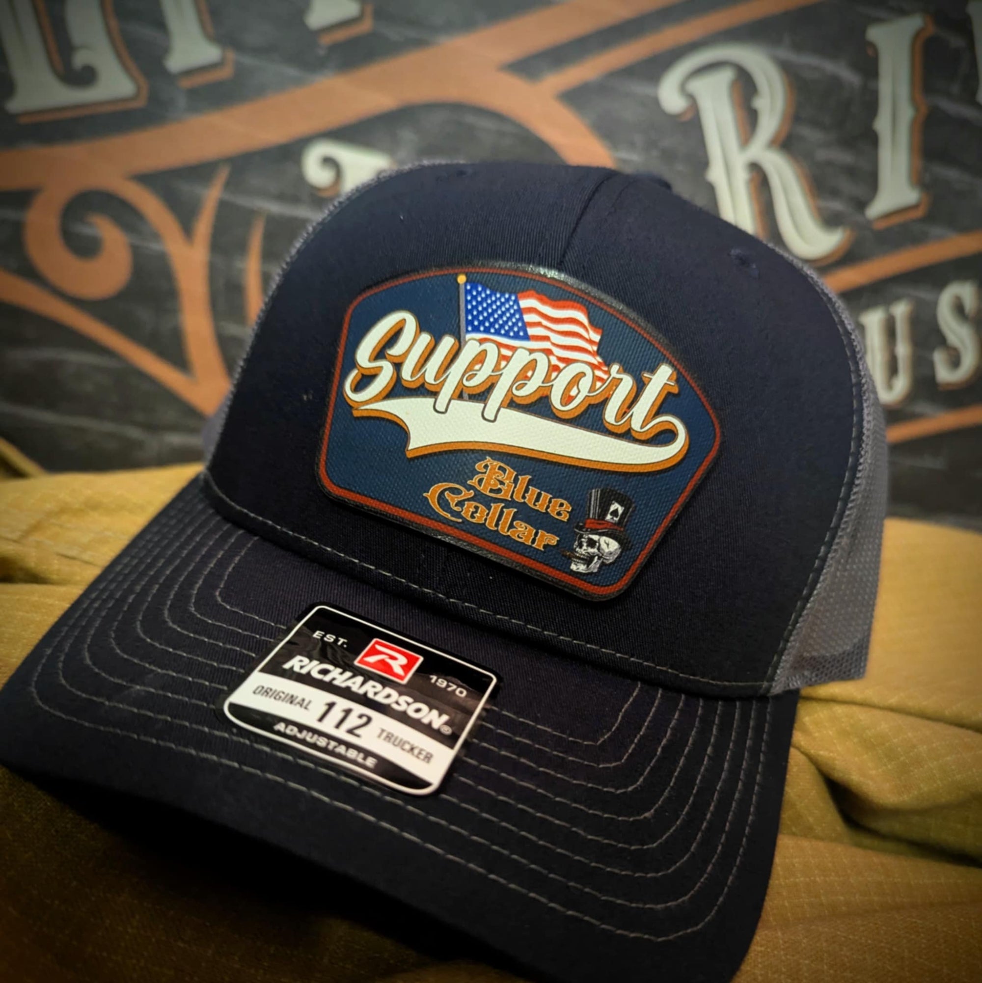 Richardson leather patch hat with 'Support Blue Collar' American flag design