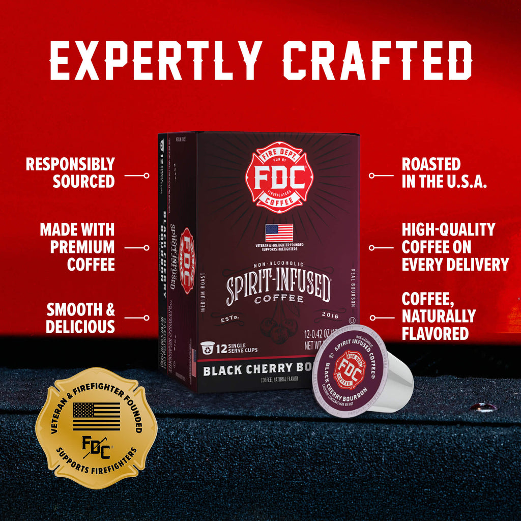 Black Cherry Bourbon Infused Coffee Pods box and single pod with labeled product features