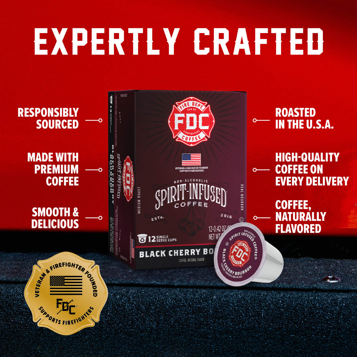 Black Cherry Bourbon Infused Coffee Pods box and single pod with labeled product features