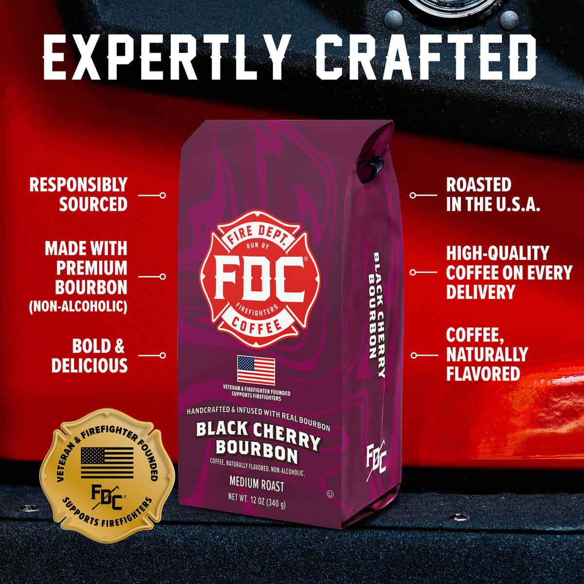 Black Cherry Bourbon Infused Coffee bag with labeled product features on a red background