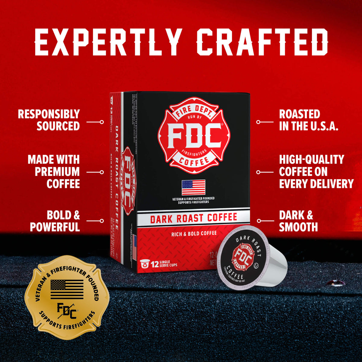 Dark Roast Coffee Pods box and single pod with labeled product features