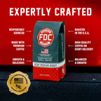 Decaf Coffee bag with labeled product features on a red background
