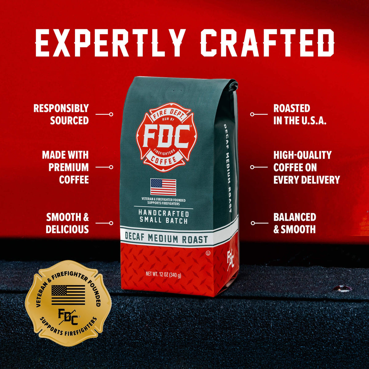 Decaf Coffee bag with labeled product features on a red background
