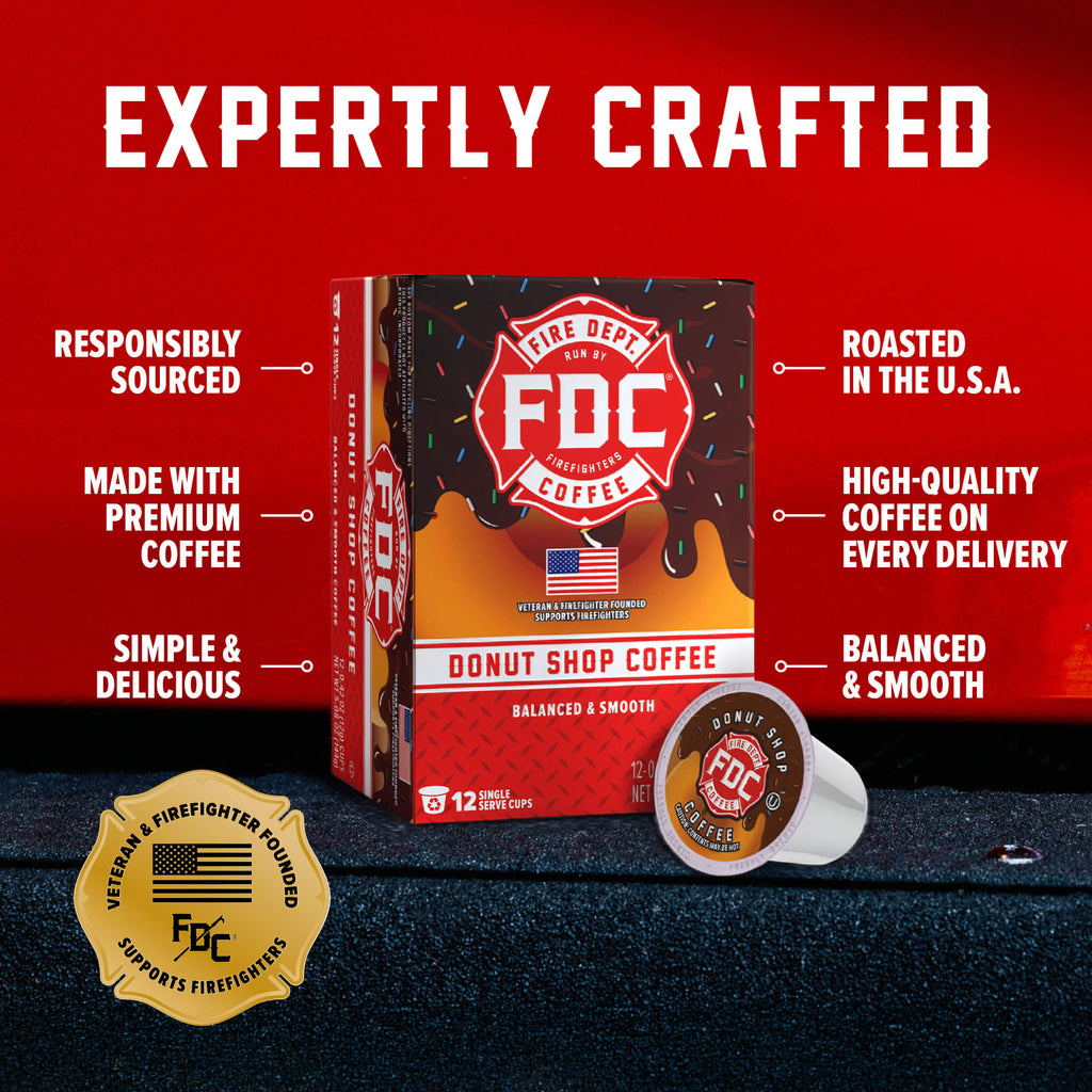 Donut Shop Coffee Pods box and single pod with labeled product features