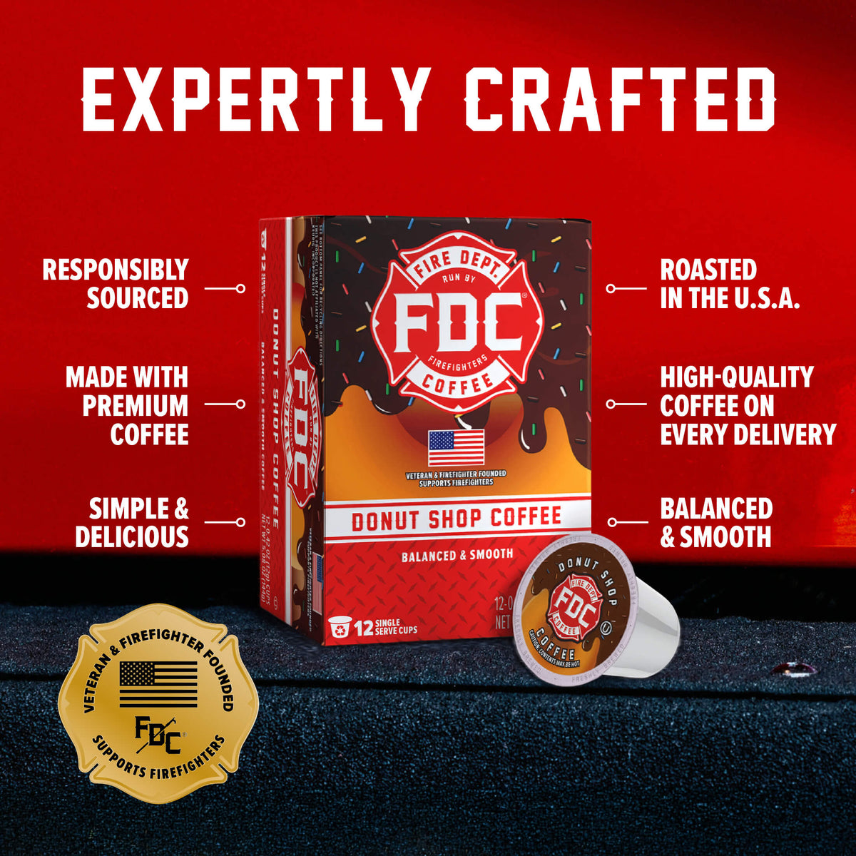 Donut Shop Coffee Pods box and single pod with labeled product features