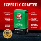Irish Whiskey Infused Coffee bag with labeled product features on a red background