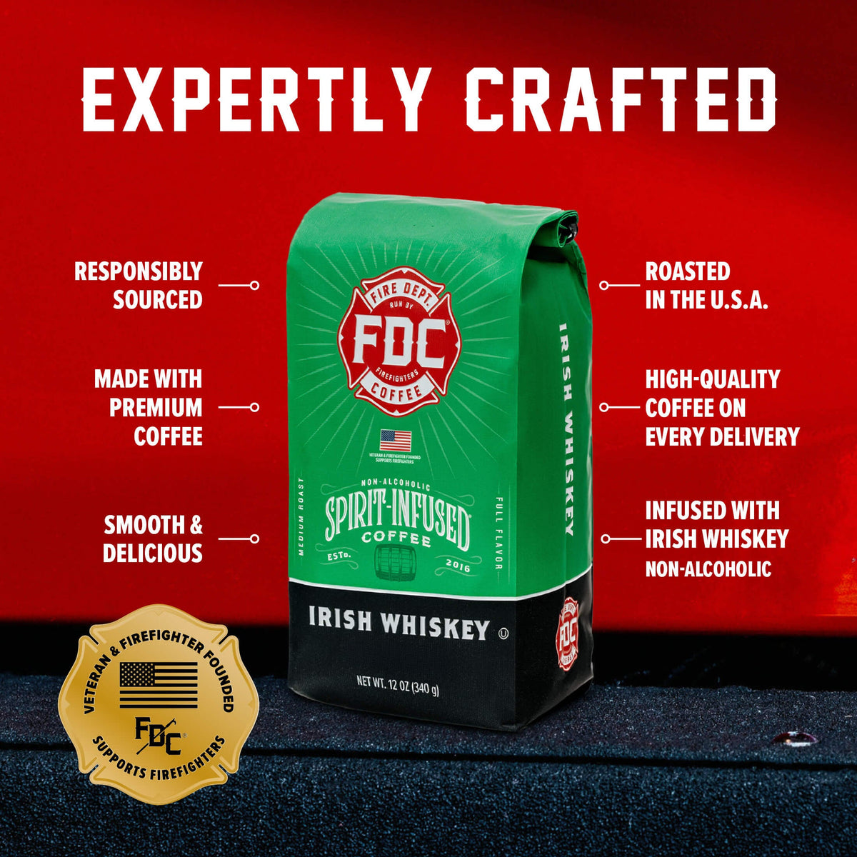 Irish Whiskey Infused Coffee bag with labeled product features on a red background