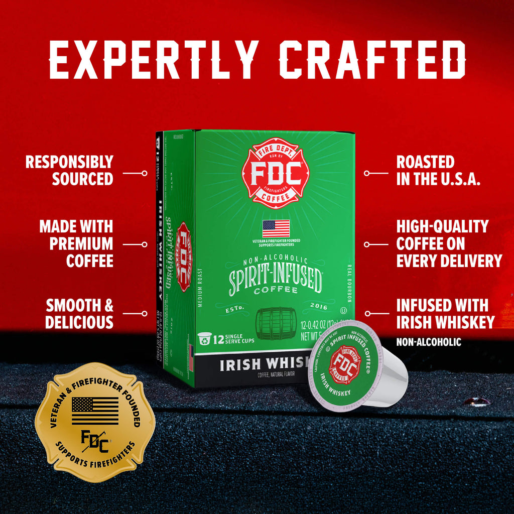 Irish Whiskey Infused Coffee Pods box and single pod with labeled product features