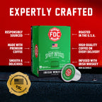 Irish Whiskey Infused Coffee Pods box and single pod with labeled product features