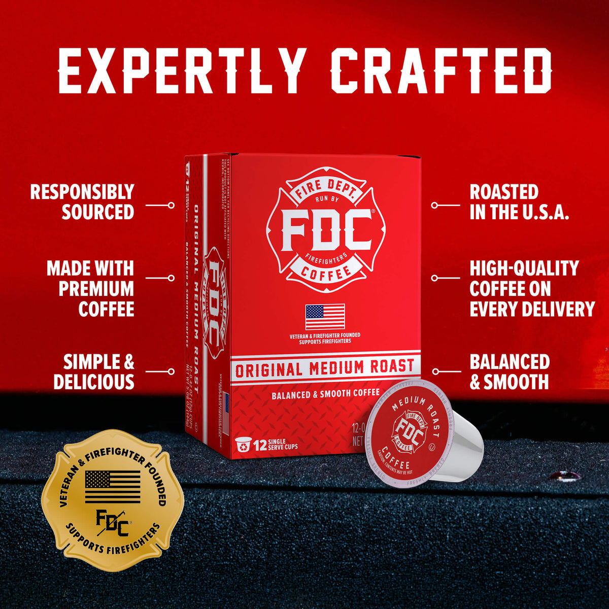 Original Medium Roast Coffee Pods box and single pod with labeled product features