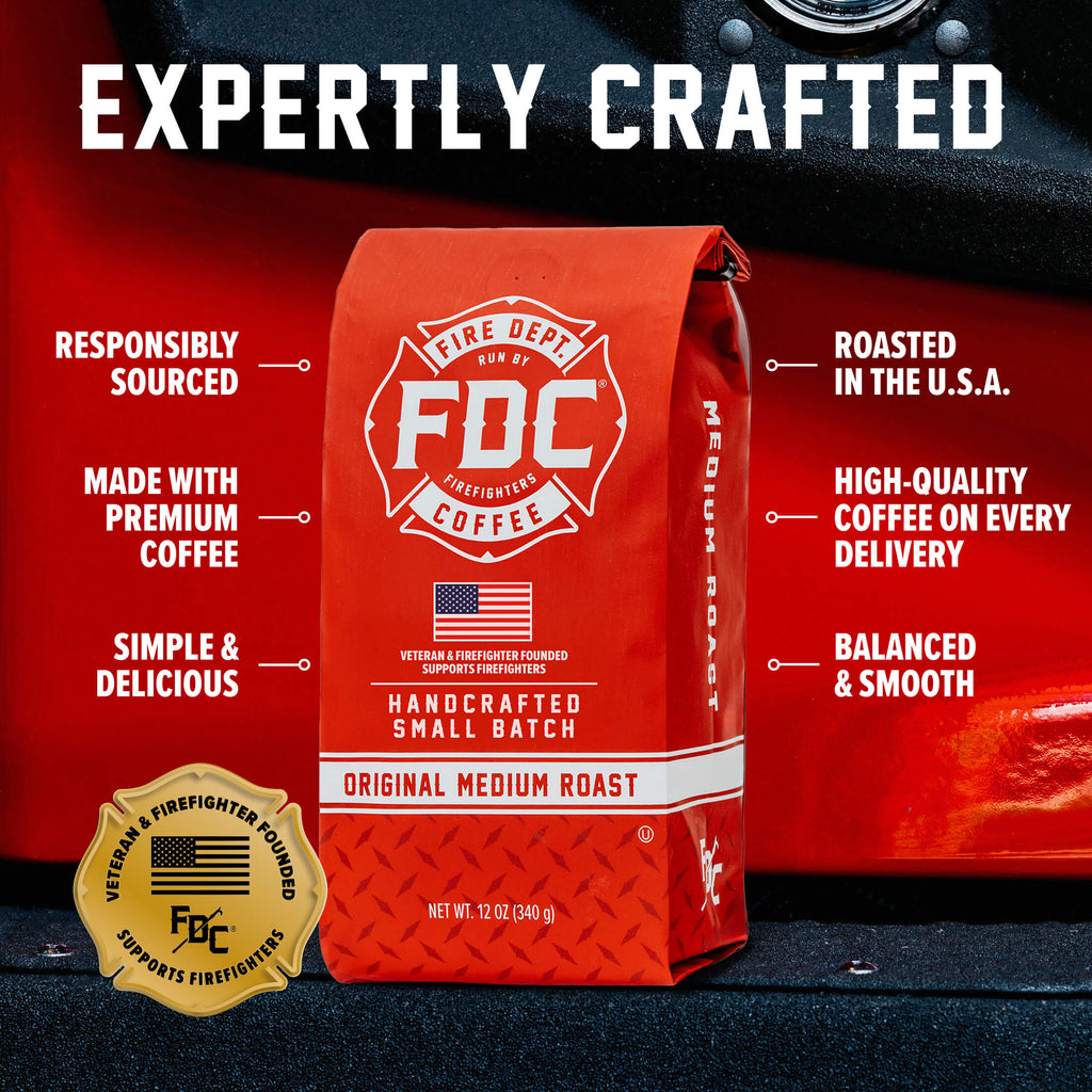 Original Medium Roast Coffee bag with labeled product features on a red background