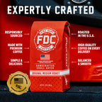 Original Medium Roast Coffee bag with labeled product features on a red background
