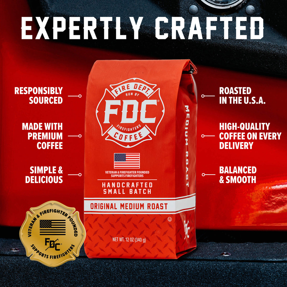 Original Medium Roast Coffee bag with labeled product features on a red background