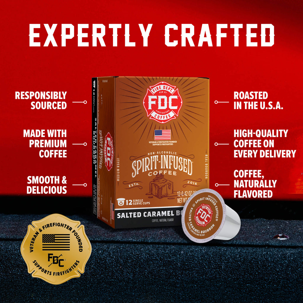 Salted Caramel Bourbon Infused Coffee Pods box and single pod with labeled product features