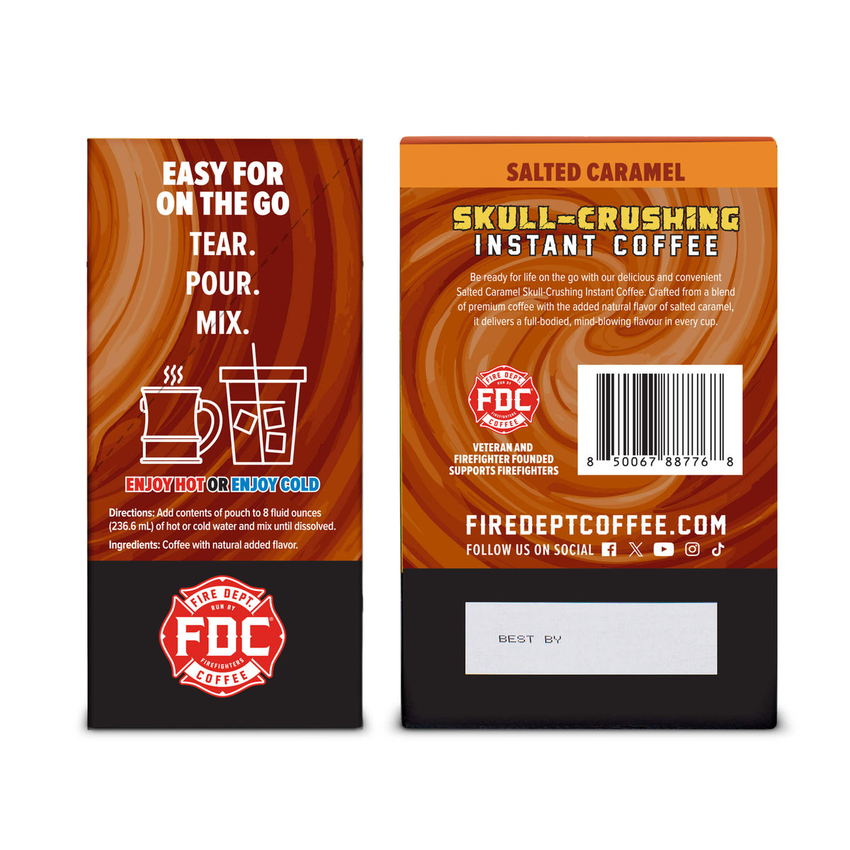 Salted Caramel Skull-Crushing Instant Coffee box side and back views with mixing instructions