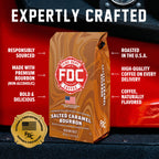 Salted Caramel Bourbon Infused Coffee bag with labeled product features on a red background