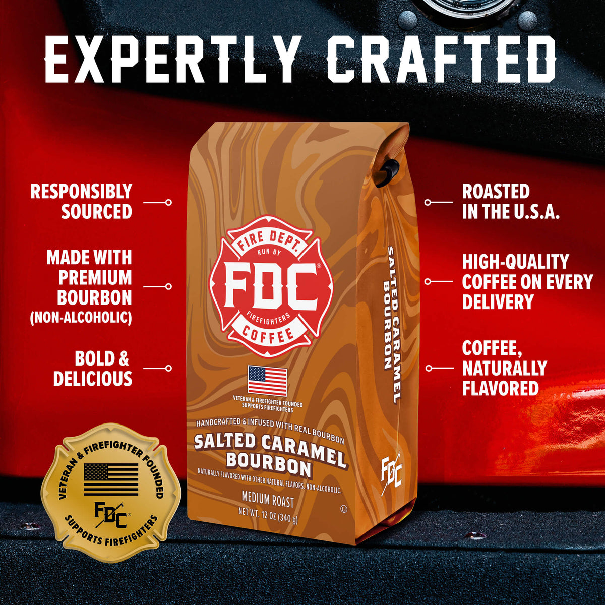 Salted Caramel Bourbon Infused Coffee bag with labeled product features on a red background