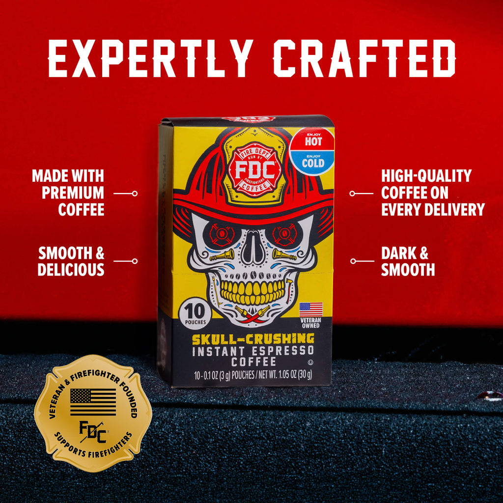 Skull-Crushing Instant Espresso Coffee box with labeled product features