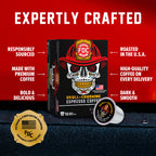 Skull-Crushing Espresso Pods box and single pod with labeled product features