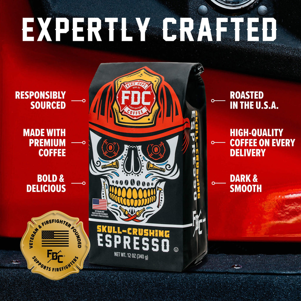 Skull-Crushing Espresso bag with labeled product features on a red background