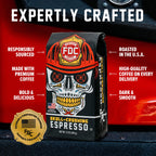 Skull-Crushing Espresso bag with labeled product features on a red background