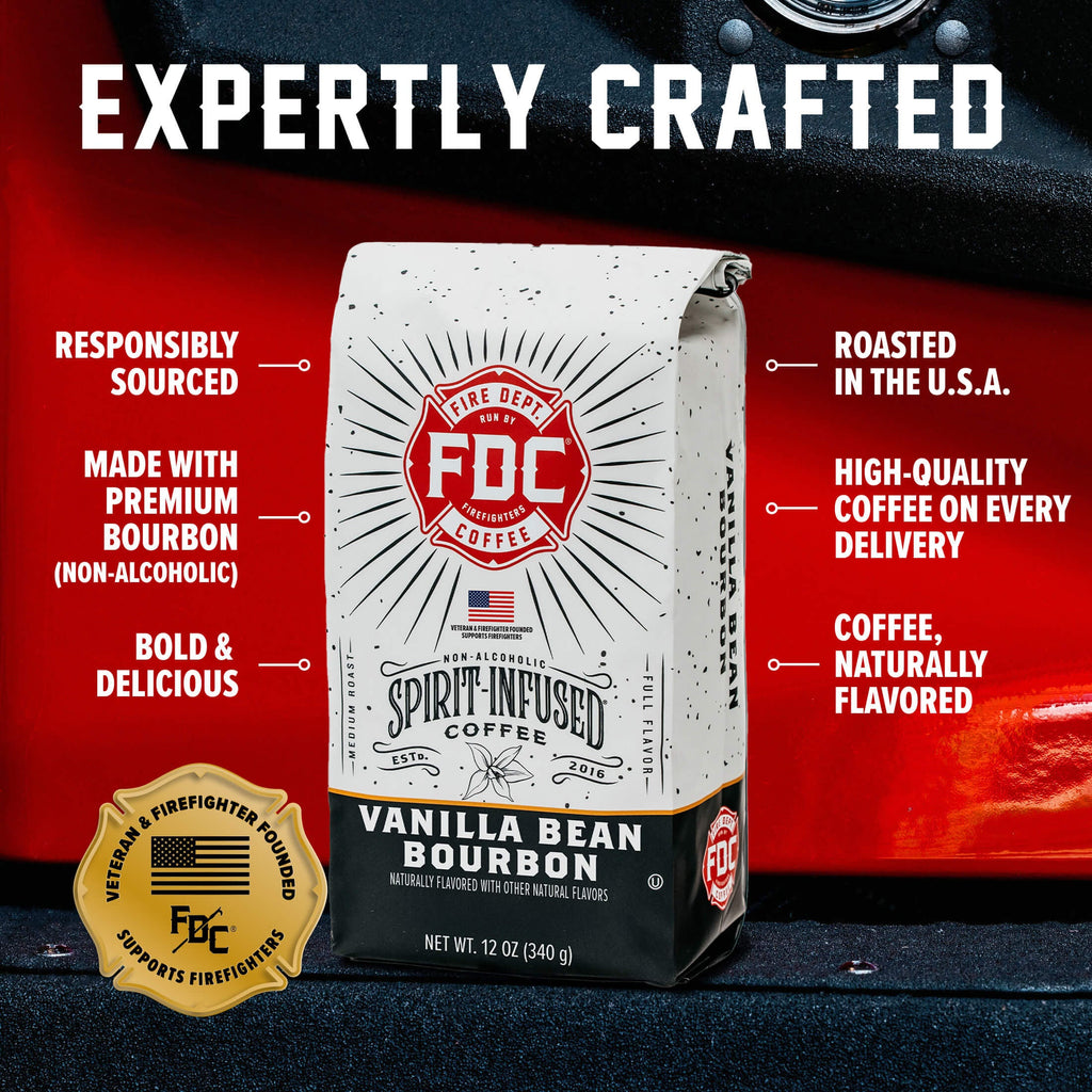 Vanilla Bean Bourbon Infused Coffee bag with labeled product features on a red background