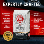 Vanilla Bean Bourbon Infused Coffee bag with labeled product features on a red background