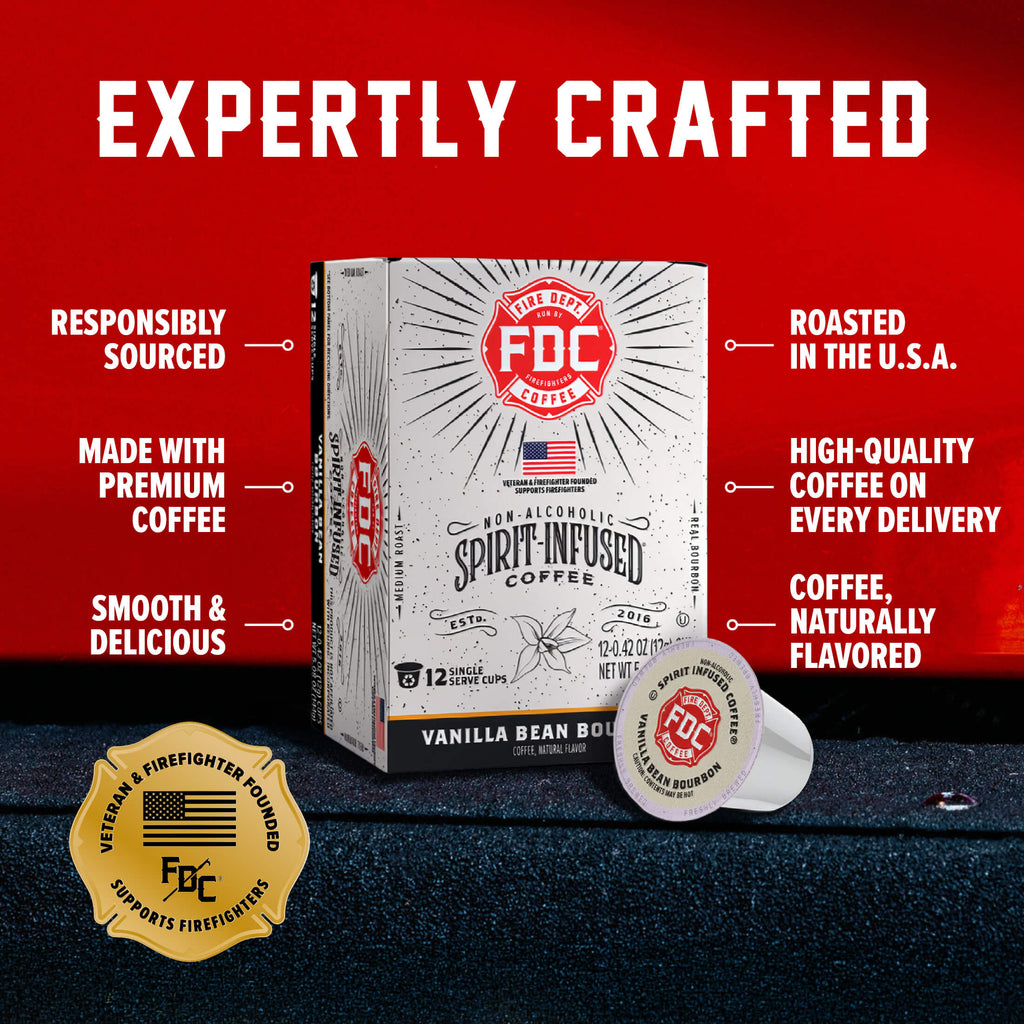 Vanilla Bean Bourbon Infused Coffee Pods box and single pod with labeled product features