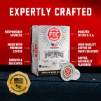Vanilla Bean Bourbon Infused Coffee Pods box and single pod with labeled product features