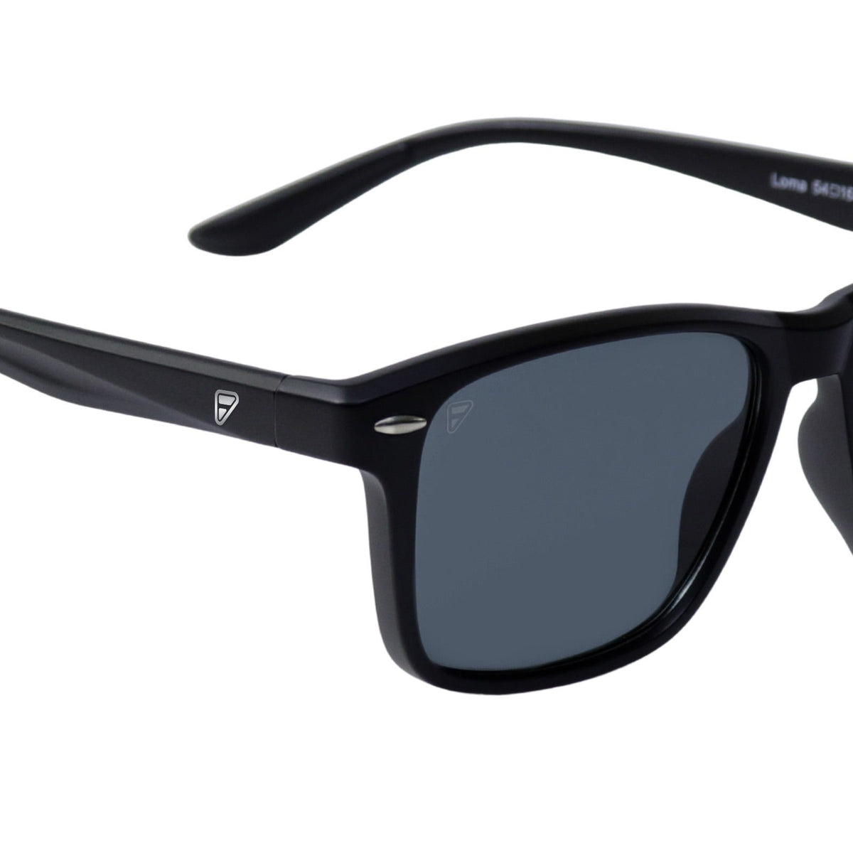 Frontline Optics Loma sunglasses hinge and temple logo close-up