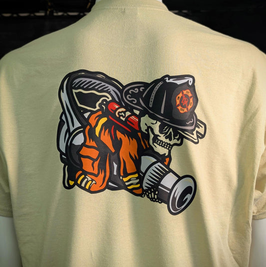 Back of firefighter shirt – skull with fire helmet, nozzle, and turnout gear artwork from Little River Customs