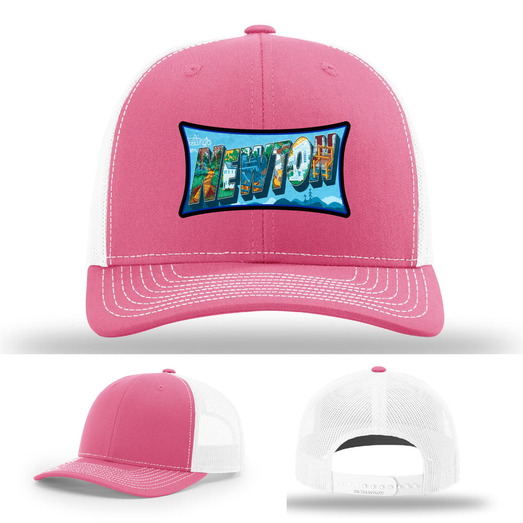 Richardson hat with leather patch featuring Newton NC mural artwork from downtown.