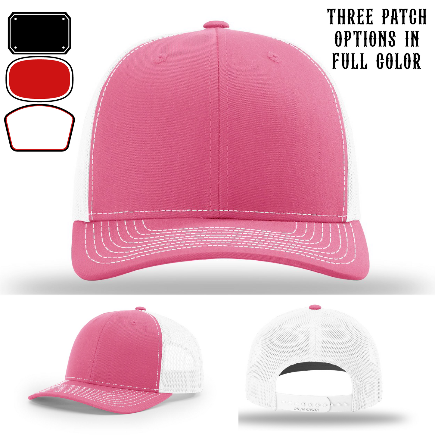 Passport-style leather patch variants shown for custom firefighter Richardson hats – fire patch variants laid out for selection.