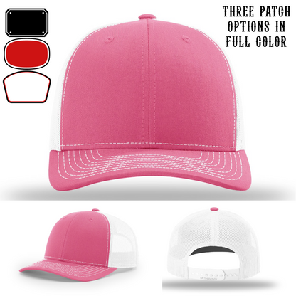 Passport-style leather patch variants shown for custom firefighter Richardson hats – fire patch variants laid out for selection.