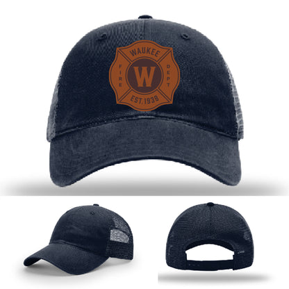 Custom firefighter hat for Waukee Fire Department – featuring bold leather patch on Richardson hat