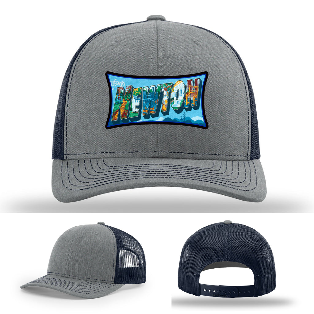 Richardson hat with leather patch featuring Newton NC mural artwork from downtown.