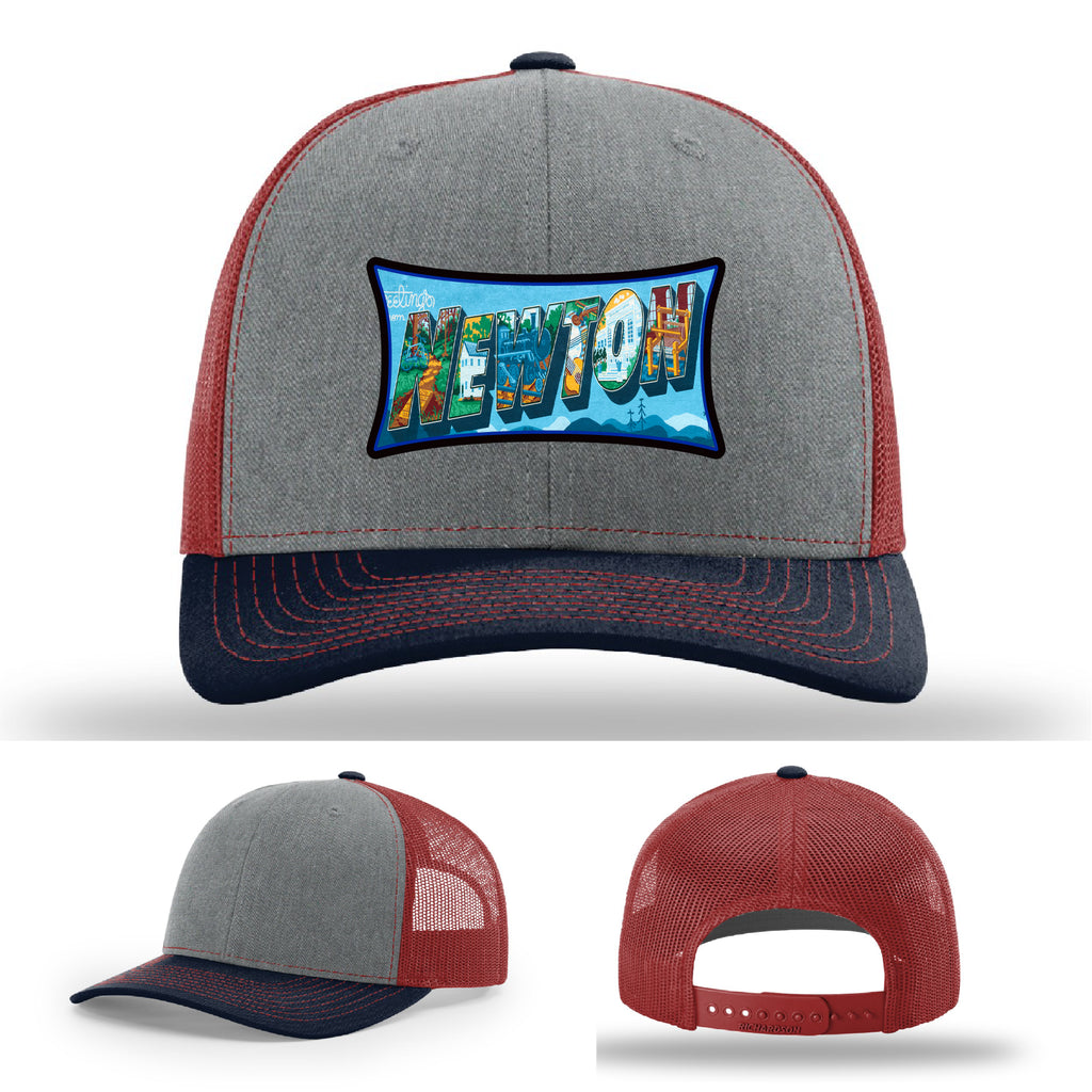 Richardson hat with leather patch featuring Newton NC mural artwork from downtown.