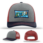 Richardson hat with leather patch featuring Newton NC mural artwork from downtown.