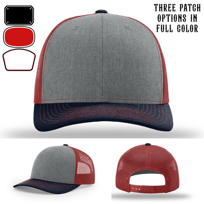 Passport-style leather patch variants shown for custom firefighter Richardson hats – leather patch mockups for station-specific travel hats.