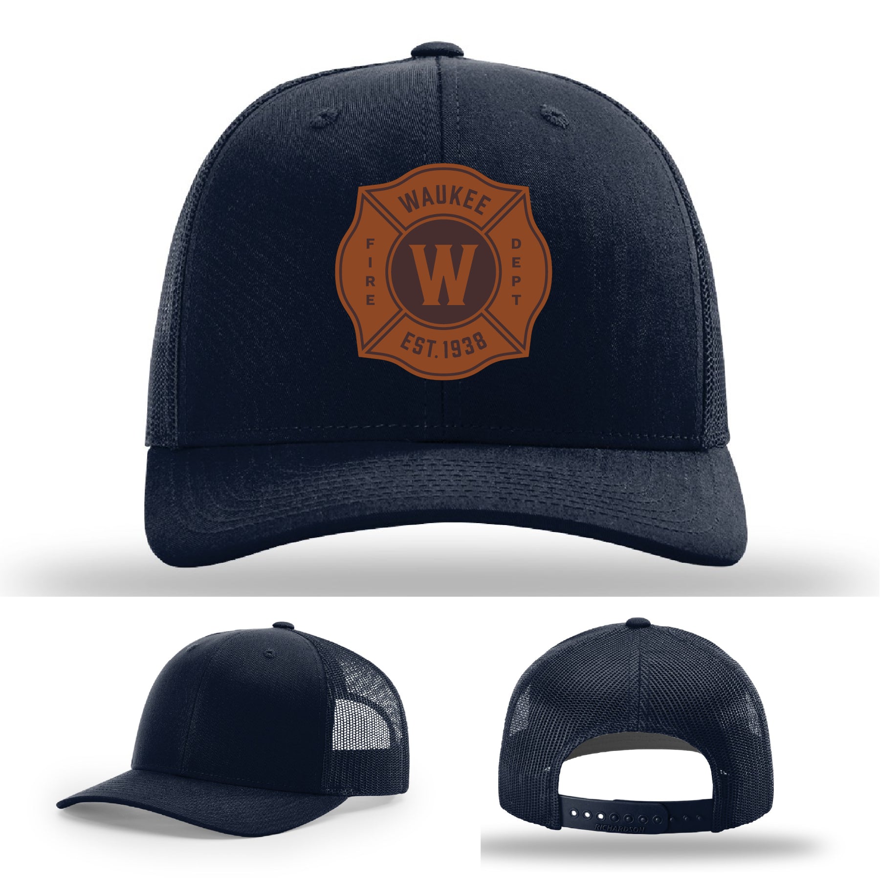 Firefighter Richardson hat with Waukee Fire Dept logo – leather patch established in 1938