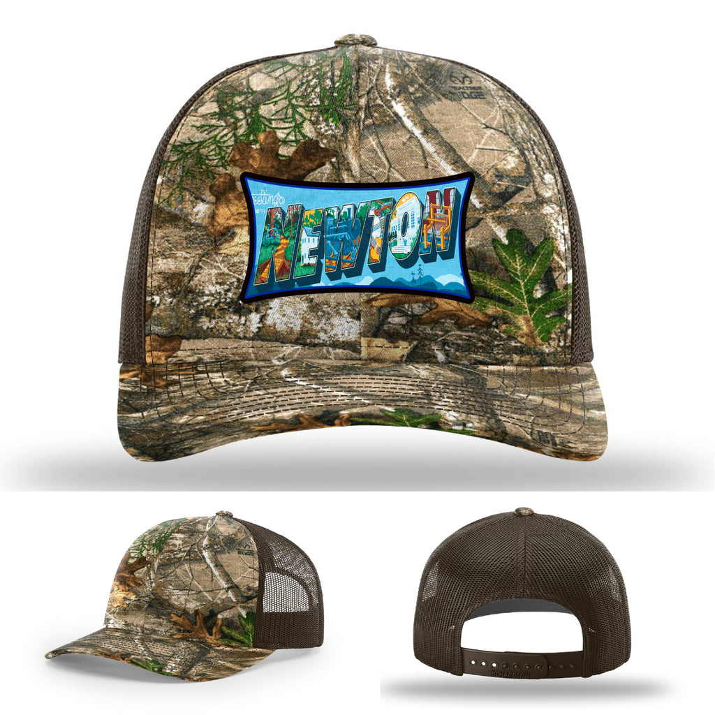 Richardson hat with leather patch featuring Newton NC mural artwork from downtown.