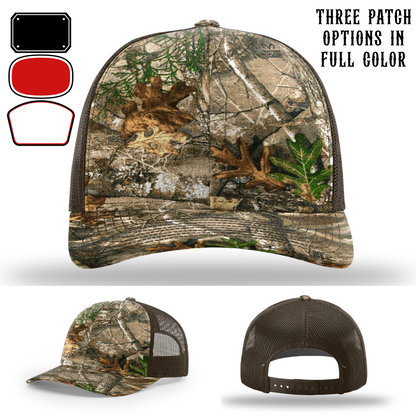 Passport-style leather patch variants shown for custom firefighter Richardson hats – custom patch shapes featured on blank Richardson hat.