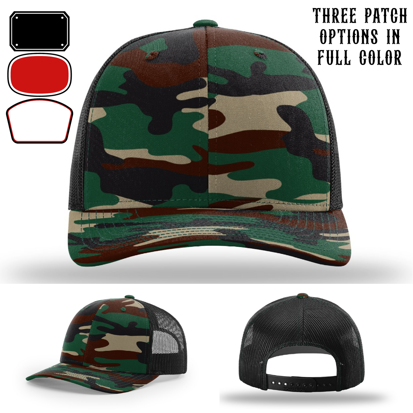 Passport-style leather patch variants shown for custom firefighter Richardson hats – firefighter layout guide for passport patches.
