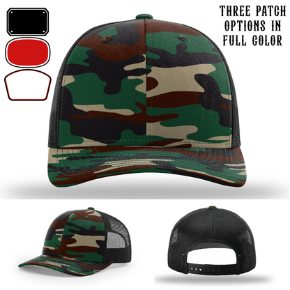 Passport-style leather patch variants shown for custom firefighter Richardson hats – firefighter layout guide for passport patches.