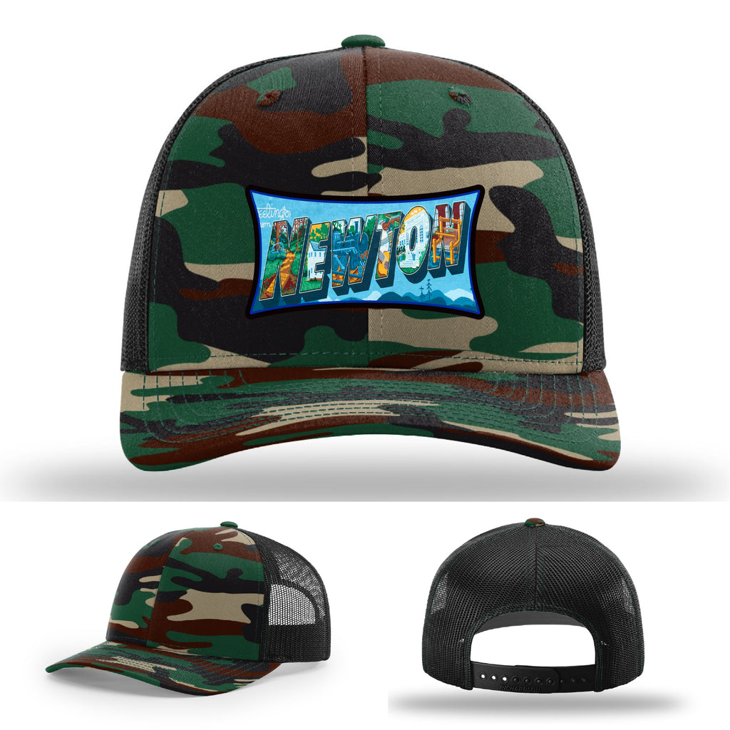 Richardson hat with leather patch featuring Newton NC mural artwork from downtown.