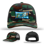 Richardson hat with leather patch featuring Newton NC mural artwork from downtown.