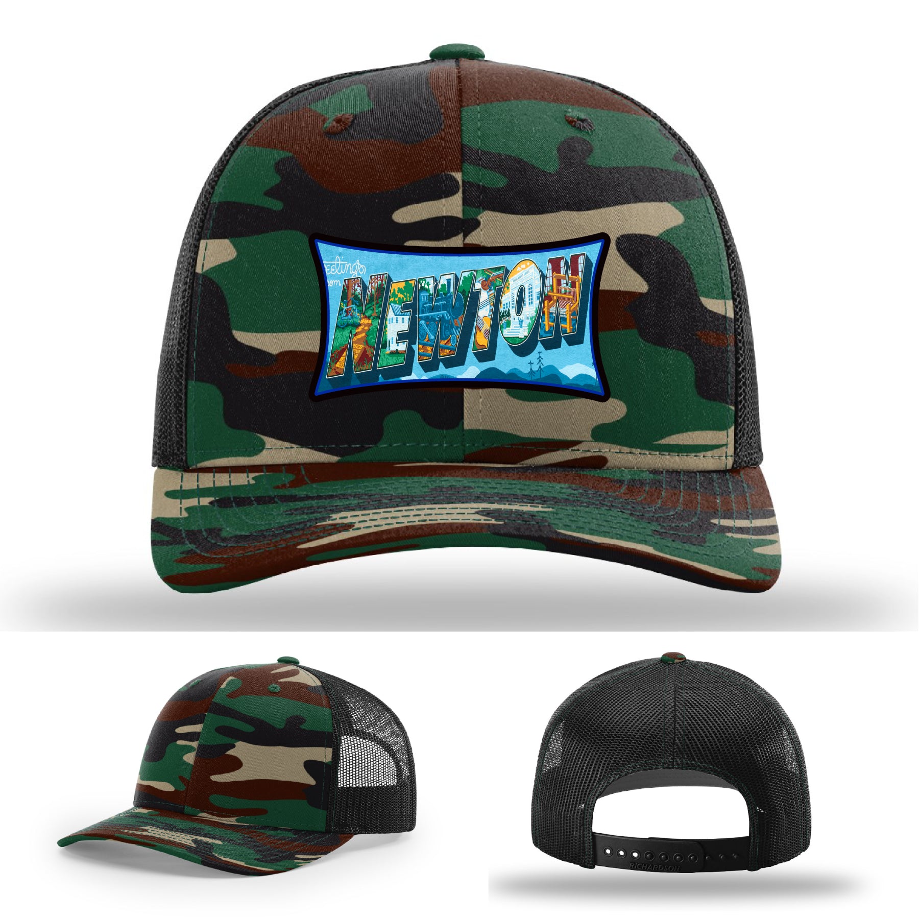 Richardson hat with leather patch featuring Newton NC mural artwork from downtown.